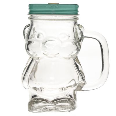 Manufacturer Wholesale 300ml Bear Shaped Beverage Bottles Glass Mason Jar with Handle 