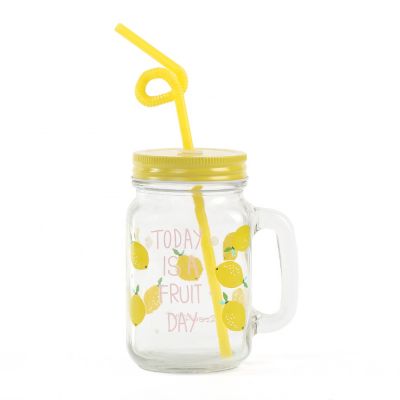 Clear glass mason jar with handle and screw off metal lid 