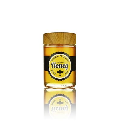 Wholesale 12 oz 370ml clear round glass honey jar with wooden grain cap lid 