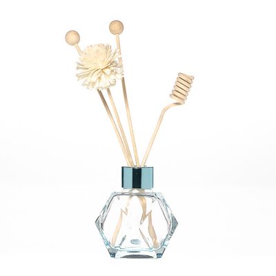 100ml 3oz Polyhedral Shaped Clear Blue Empty Glass Perfume Reed Diffuser Bottle with Rattan Stick 
