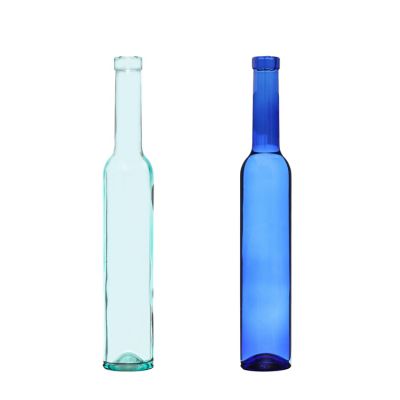 Hot sale tall thin empty drinks icewine spirit 375ml blue liquor bottle with cork