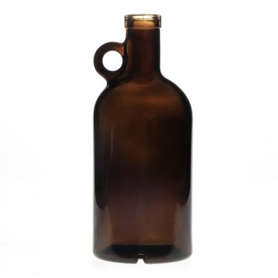 OEM Design 80cl Round Empty Whisky Liquor Packaging Amber Glass Wine Bottle with Handle and Wooden Stopper