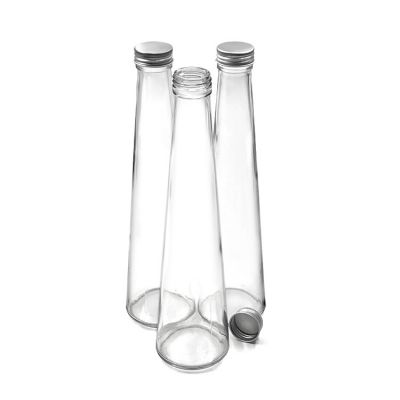 250ml cone design clear beverage bottle packaging with silver aluminium lid