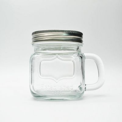 Square beverage juice glass jar 8oz 250ml cold drink mason jar with handle bottle drinking glass with lid and straw