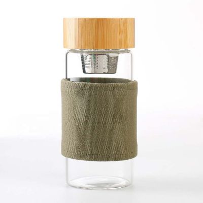 cotton sleeve cover bamboo cap and 304 tea filter glass water bottle wide mouth