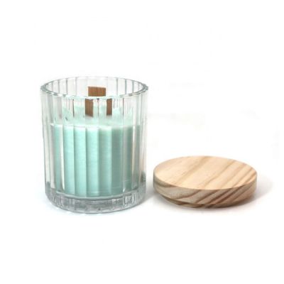 Wholesale Custom Vertical stripe recycled glass candle jar with wooden lid