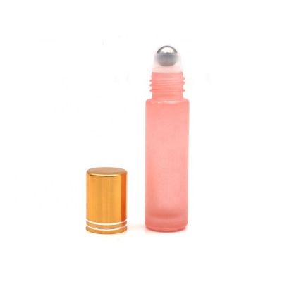 Empty Matte Frosted Pink Essential Oil Perfume Roller Bottles 10ml with gold Aluminum Cap