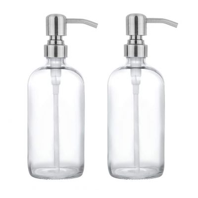 Transparent 500ml Hand Soap Hand Sanitizer Glass Bottle with Stainless Steel Pump 