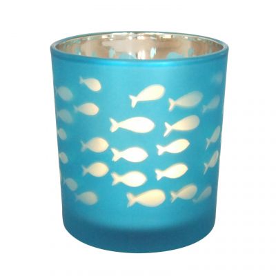 5.5oz decorative glass candle jars electroplated blue fish patterns laser cut tea light candle holders