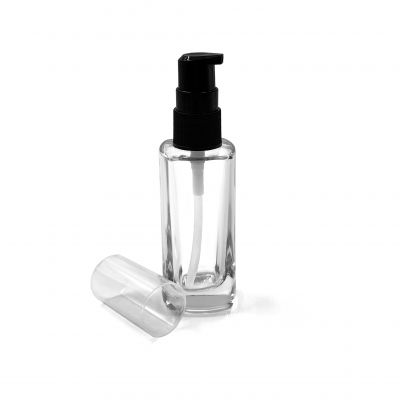 Square 30ml Clear Glass Cream Serum Lotion Pump Bottle With Spray 