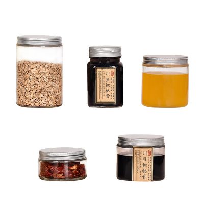 Popular Products 250ml 380ml 500ml Straight Clear Glass Honey Jars Round Square Food Storage Glass Jar With Aluminium Screw Cap 