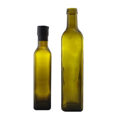 Stock Empty Amber Square 250 ML Olive Oil Glass bottle For Cooking Oil With Green Plastic Screw Cap 