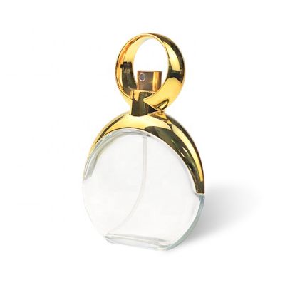 Luxury Flat Round Perfume Bottle 50ml With Gold Pull Ring Cap 