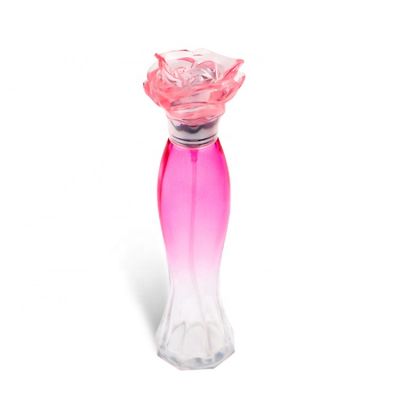 Empty pink color woman body curve shape perfume glass bottle 35ml With Unique Flower Cap 
