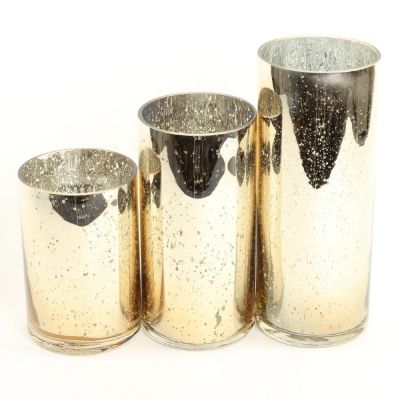 Set of 3 Wholesale Gold Mercury Glass Cylinder Vases for Flowers, Floating Candles, Centerpiece Wedding Decoration 