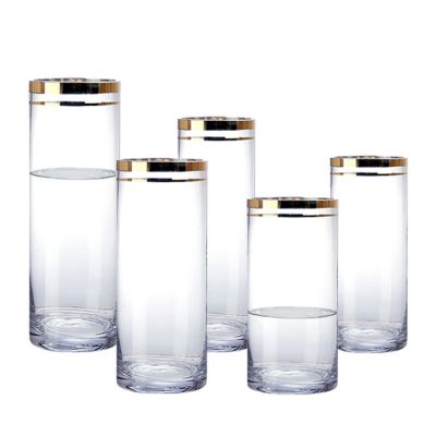 Wholesale Cheap Home Decorative 24K Real Gold Rim Cylinder Flower Glass Vase 