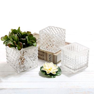 For Flower Arrangement Pressed Thick Beaded Crystal Square Glass Vase 