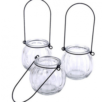 Wholesale Cheap Clear Round Fashionable Mini Flower Glass Vase Hydroponic Jar With Metal Swing Ring