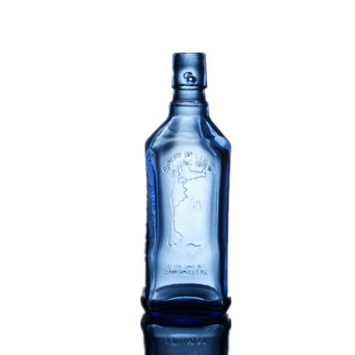 500ml square blue emboss bottle glass for tequila whisky 