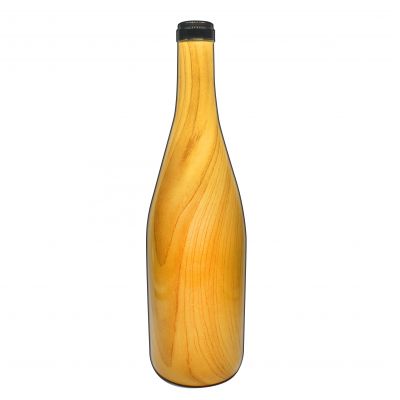 High quality customized food grade wood grain round bottle vodka glass bottle 750ml with wooden cork 