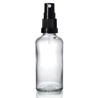 50ml clear essential glass storing oil bottle with plastic sprayer for makeup liquid