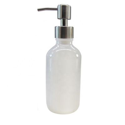 240ml Boston Round Glass Soap Foam Pump Bottle White With Stainless Steel Pump Dispenser