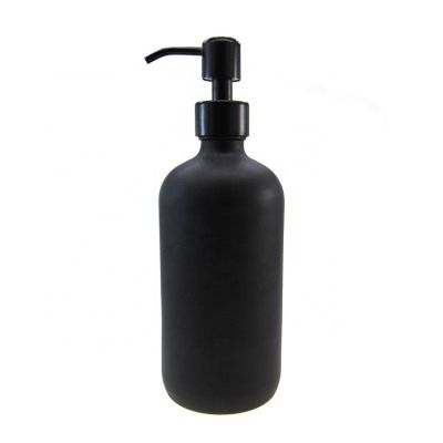 16oz Black Boston Round Cosmetic Foam Airless Glass Bottle with Black Stainless Steel Pump Dispenser