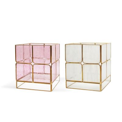 Wholesale Copper Nostalgic Glass Windproof Candle Jar Middle Size White Pink Tablelop 