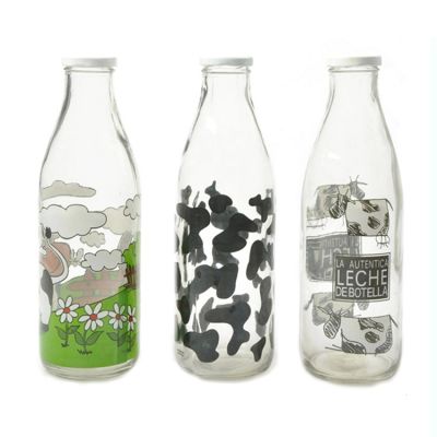 Wholesale 1 L customized decal design round mouth juice milk glass bottles for baby with lid