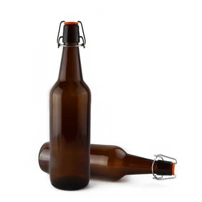Empty embossed recycled amber 750ml flip top/swing cap glass beer bottle 