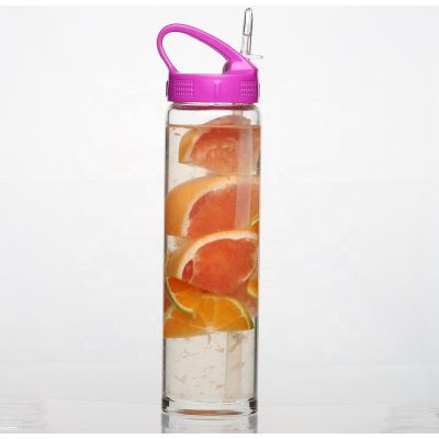 Easy Taking Single Wall Borosilicate Glass Water Beverage Bottle with Straw For Gym Use flip cap Meet LFGB 