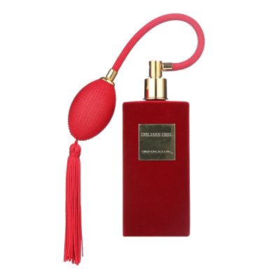 Wholesale Customized Luxury Red Luxury Flocking Aluminum Label Square Perfume Glass Bottle 100ml