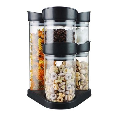 5 Pcs Kitchen Lazy Glass Spice Jar Rack Stackable Borosilicate Glass Canister Jar Set With Airtight Lid And Rotatable Tray 