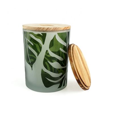 High quality 21oz Candle Jars Frosted with Custom Green Leaf Design large candle jar And wood lid 