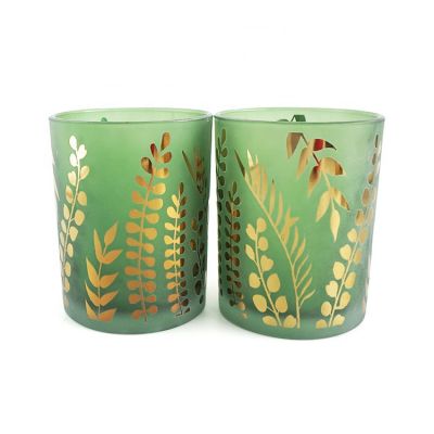 21oz green sandblasted candle jars with gold leaf pattern modern stylish candle holders for wedding 