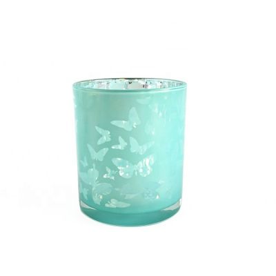 Hottest wedding chic home blue color butterfly laser engraving glass candle holders jar 