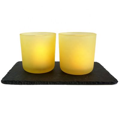 wholesale luxury frosted yellow candle jar 8oz candle tumbler with black porcelain lids 