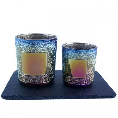 Machine press cheap debossed plating rainbow glass candle jars set of 2 with custom logo printed area