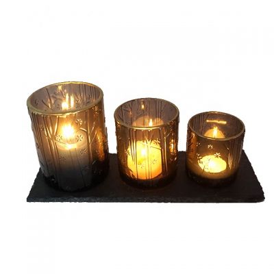 Custom get cut translucent black tall set of 3 glass hurricane candle holder jars with gold rim 