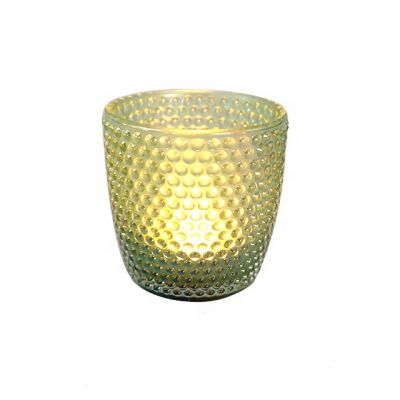 Cheap iron plating green cone embossed dot 10oz glass candle holders factory price