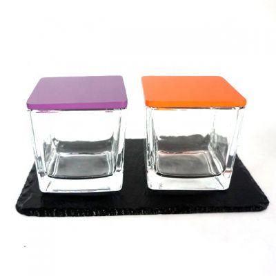 high quality square cube clear glass candle jars 300ml and lids
