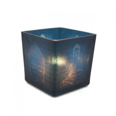 high quality 8cm dark blue square votive glass candle holder with Buddha statue