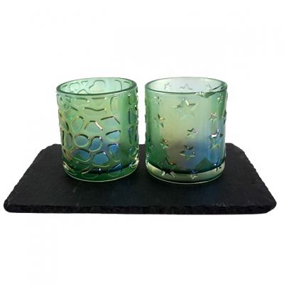 Wholesale 6oz embossed cut plating green color candlestick holder glass for Christmas decor