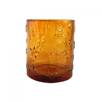 Wholesale round shape cylinder glass candle holder 10oz amber candlestick with little stars