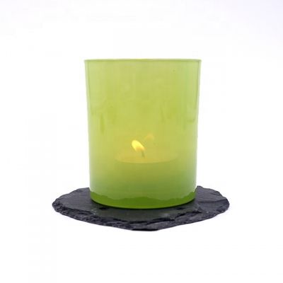 Flat Bottom Shinny Green Glass Candle Vessel For Christmas