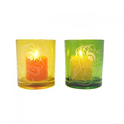14 oz colorful amber and green luxury glass candle jar with metal stand and marble holder 