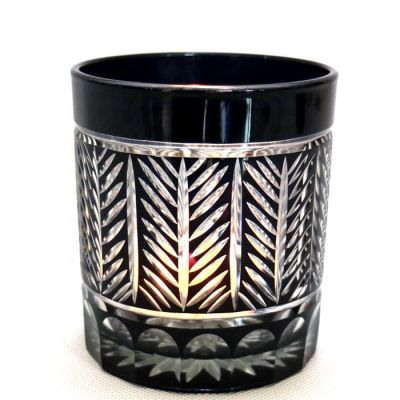 2019 hot sale black cut to clear glass hurricane candle jar/holder with slate coaster 