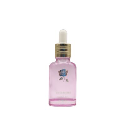 Hot Sale Pink Glass Essential Oil Bottle For Cosmetic 20ml Flat Shape With Dropper
