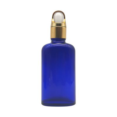 50ml Cosmetic Blue Flat Glass Essential Oil Bottle With Gold Aluminum Basket Dropper Cap