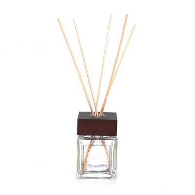 Clear square glass bottle 200ml reed diffuser bottle wooden cap for aroma diffuser